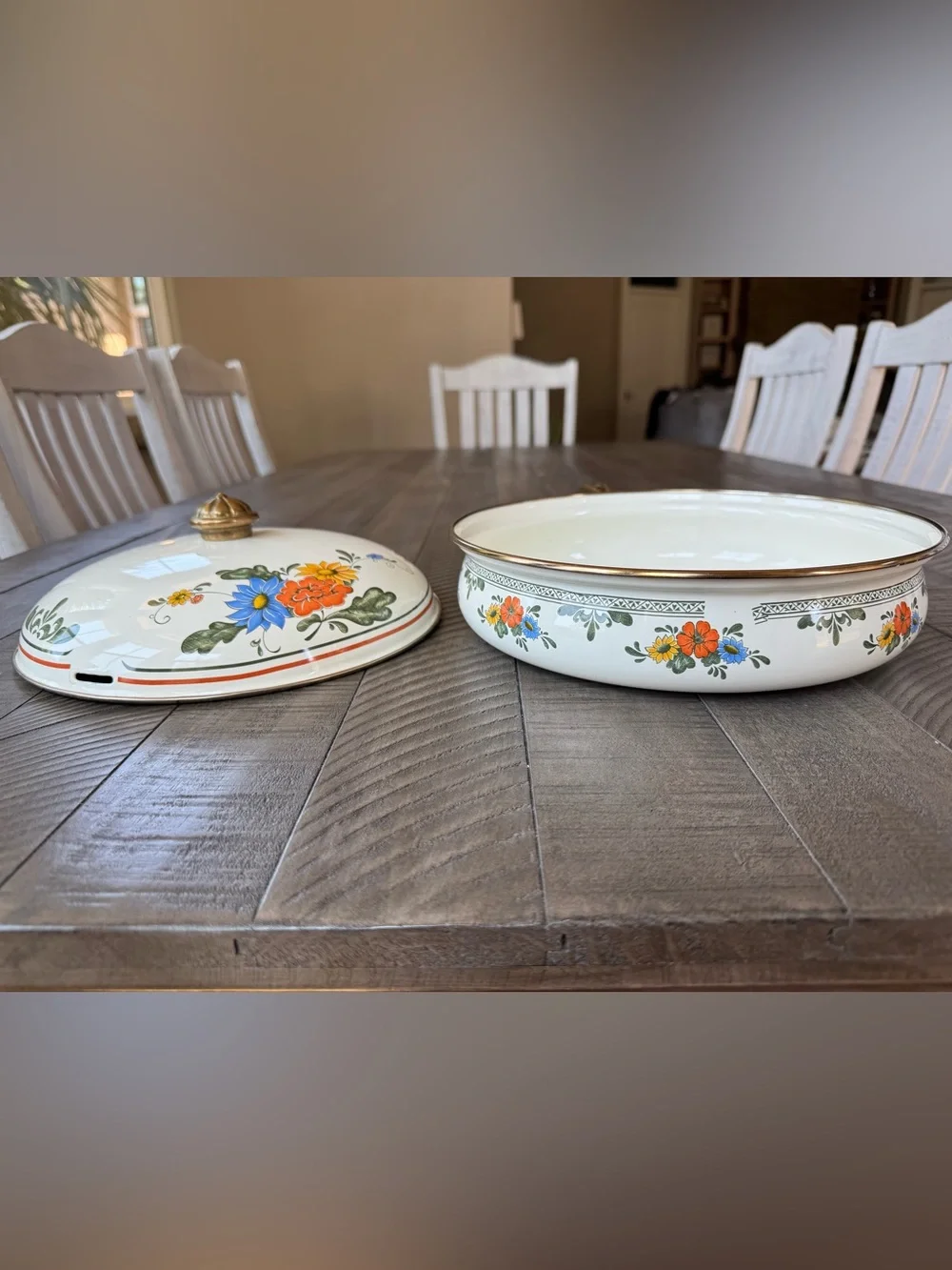 Vintage Villeroy & Boch Floral Farmhouse Enamel Covered Skillet W/Brass Handle